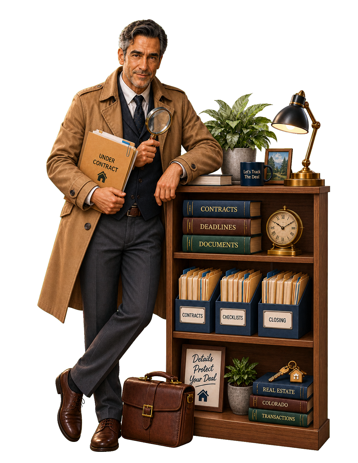 Let’s Track The Deal character beside organized contract and deadline materials