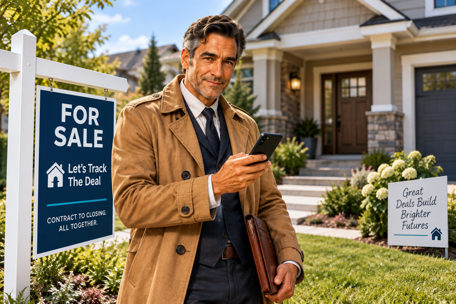 Joe standing by a Let's Track The Deal for sale sign outside a home