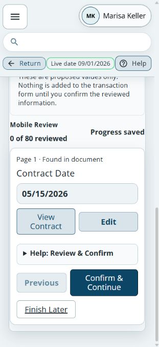 Mobile Review & Confirm screen showing the Contract Date review item