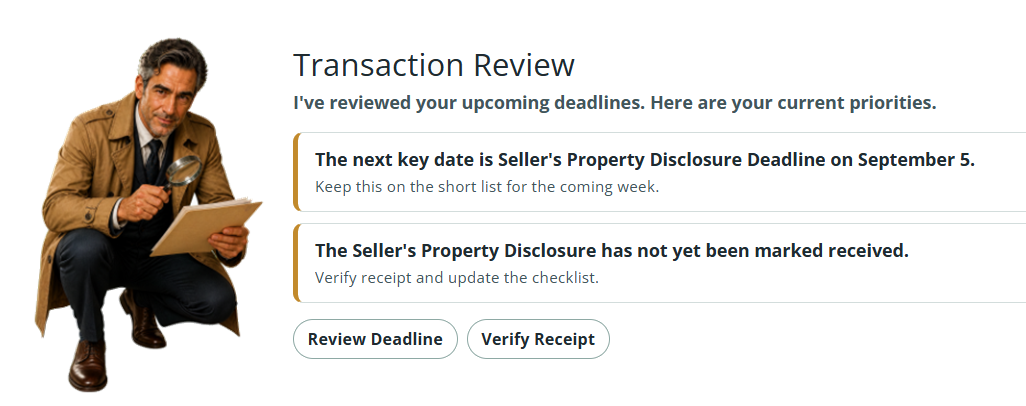 Let’s Track The Deal Transaction Review showing current priorities and deadline actions